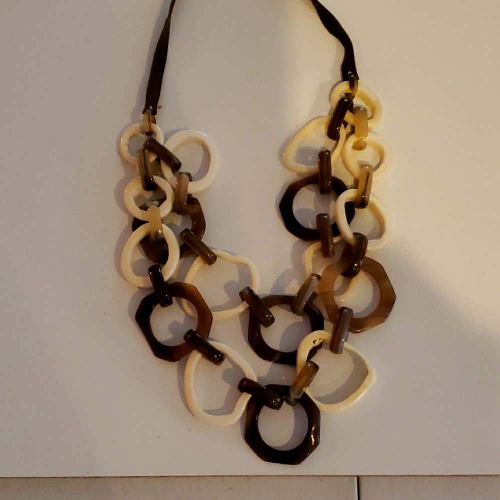 Unique Tortoiseshell and Cream Bohemian Necklace with faux leather strap
